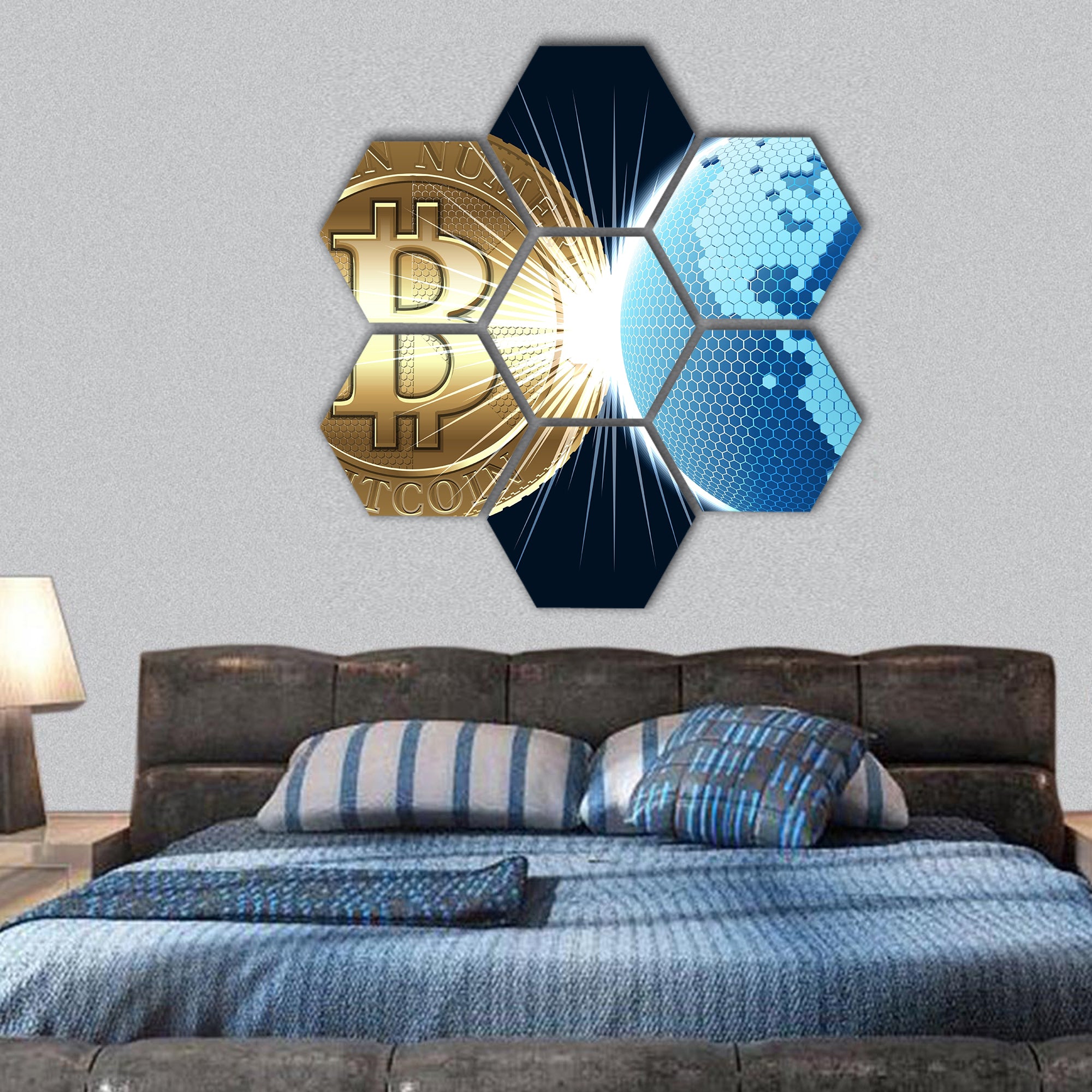 Cryptocurrency coin with digital world hexagonal canvas wall art