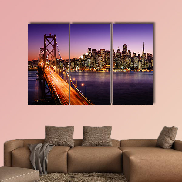 San Francisco skyline and Bay Bridge at sunset, California canvas wall art