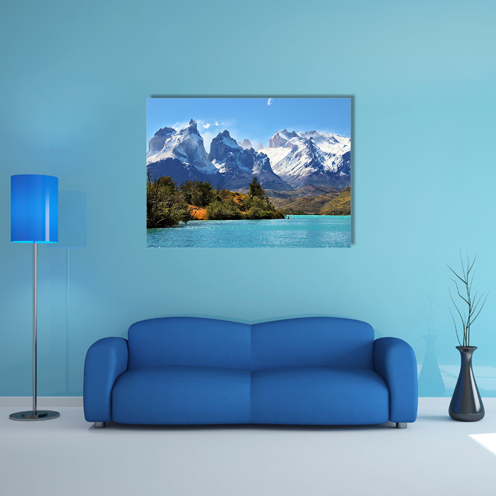 Azure Lake Pehoe at the foot of the magnificent snow multi panel canvas wall art