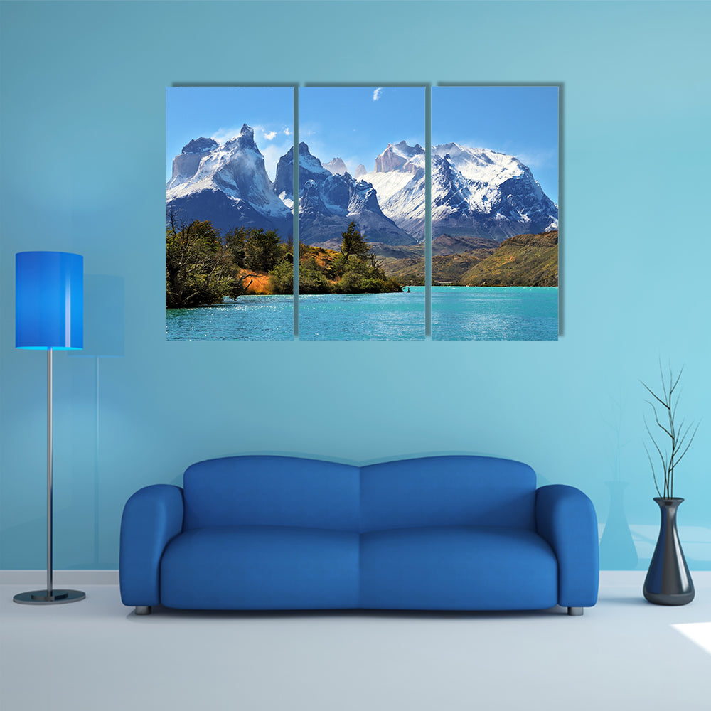 Azure Lake Pehoe at the foot of the magnificent snow multi panel canvas wall art