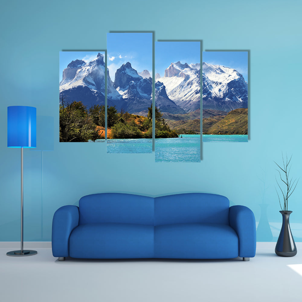 Azure Lake Pehoe at the foot of the magnificent snow multi panel canvas wall art