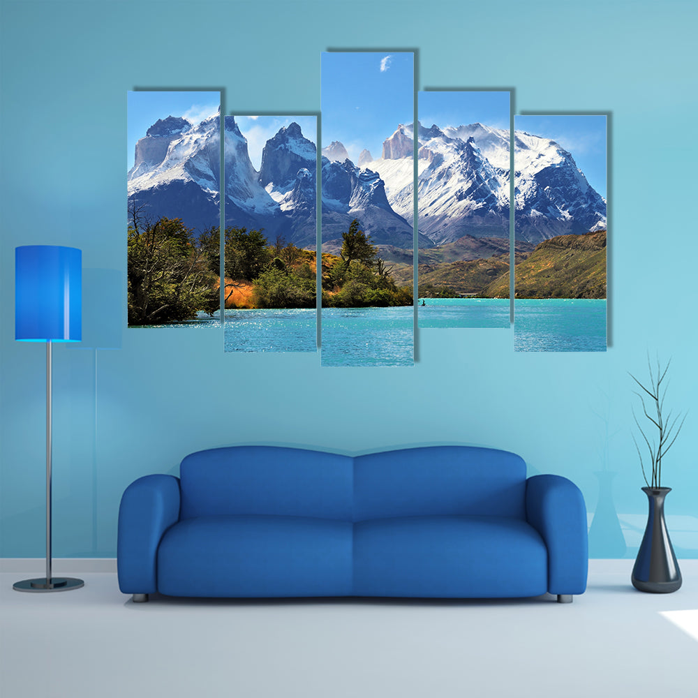 Azure Lake Pehoe at the foot of the magnificent snow multi panel canvas wall art