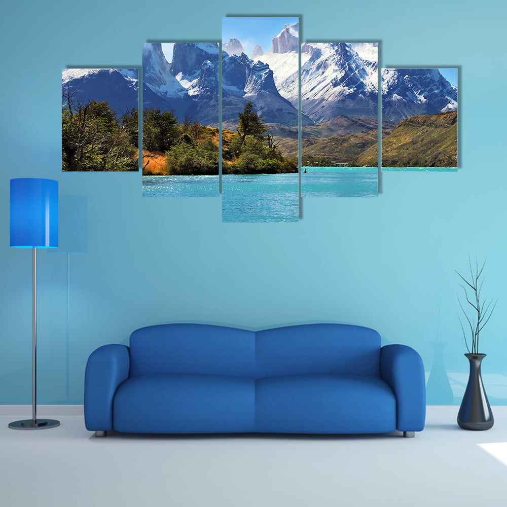 Azure Lake Pehoe at the foot of the magnificent snow multi panel canvas wall art