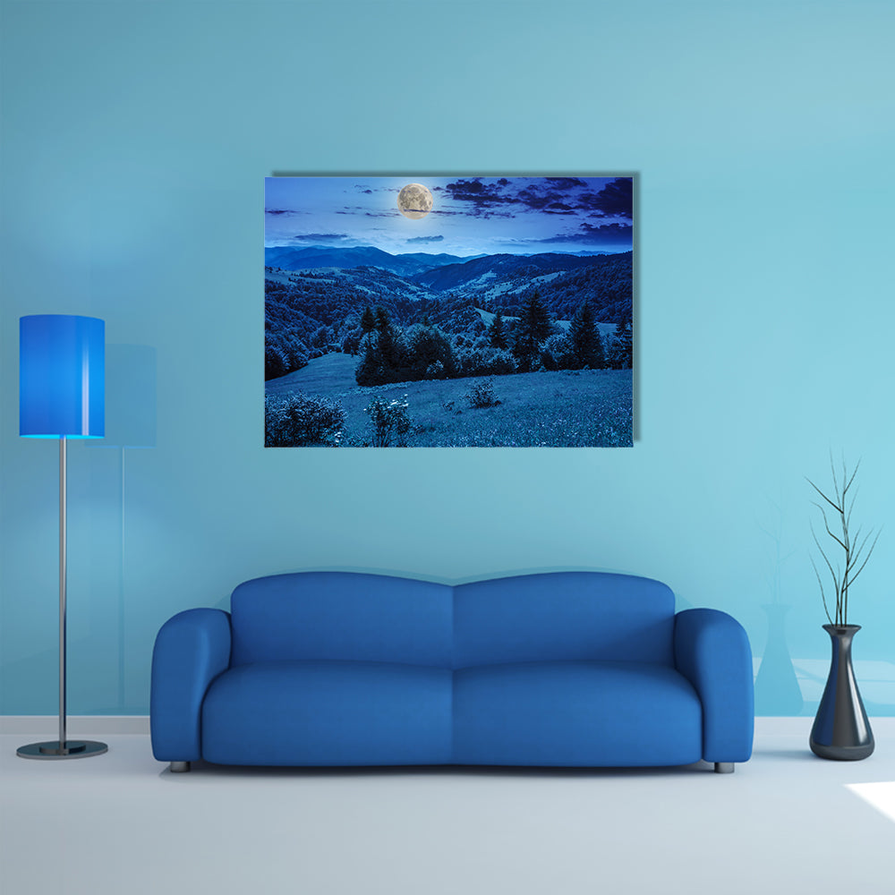 Mountain summer landscape and forest on hillside under sky at night in moon light Multi Panel Canvas Wall Art
