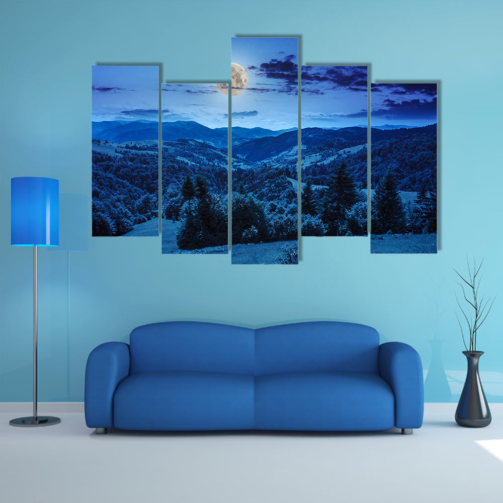 Mountain summer landscape and forest on hillside under sky at night in moon light Multi Panel Canvas Wall Art