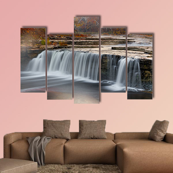 Morning mist rises over Indiana Falls surrounded by Multi panel canvas wall art