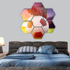 Football or soccer ball at kickoff of a game with sunset hexagonal canvas wall art