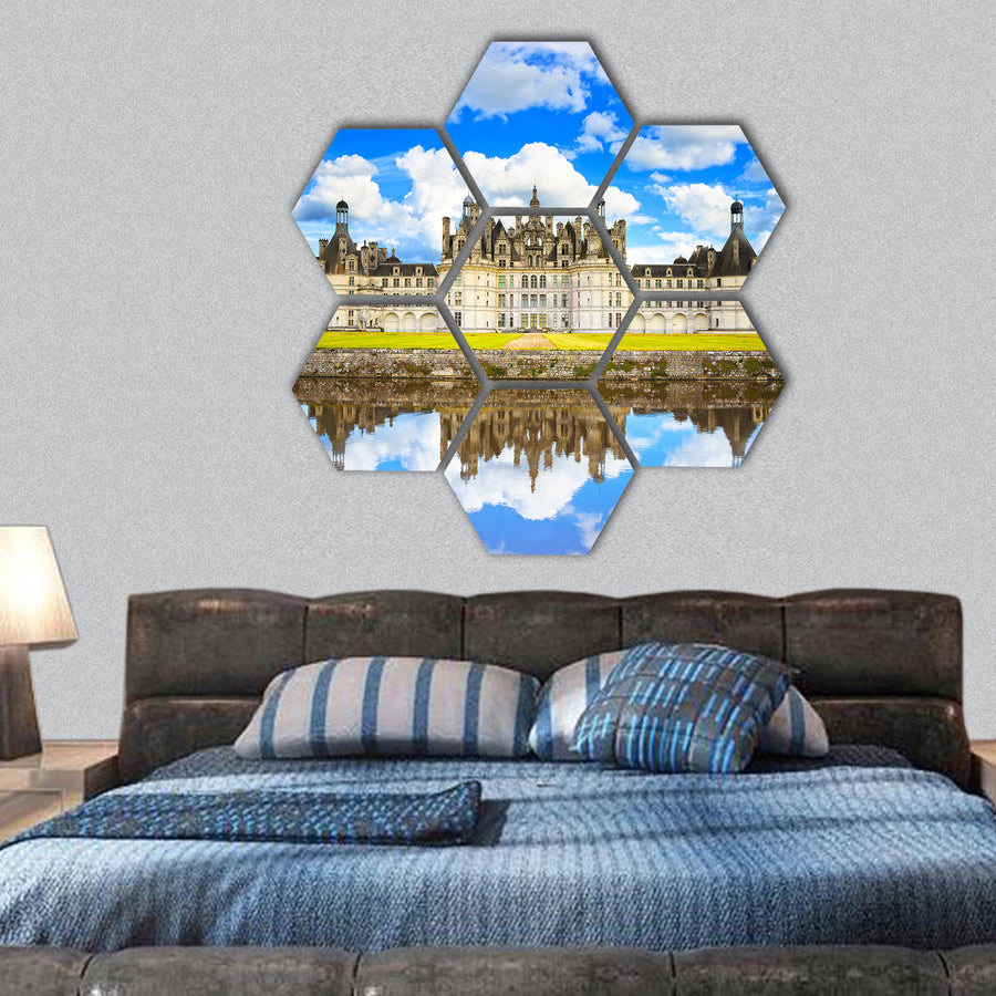 royal medieval french castle and reflection Loire Valley hexagonal canvas wall art