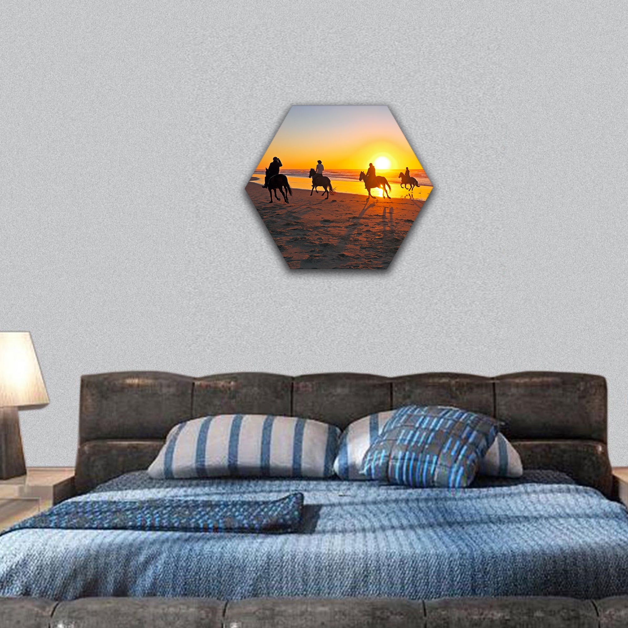 Horse riding on the beach at sunset hexagonal canvas wall art