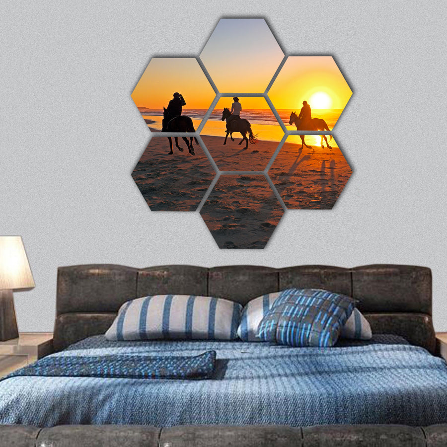 Horse riding on the beach at sunset hexagonal canvas wall art
