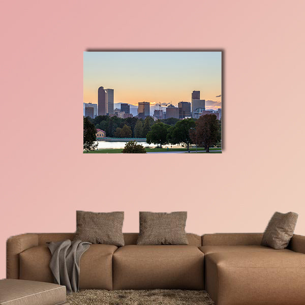 Denver downtown skyline and rocky mountain at sunset multi panel canvas wall art