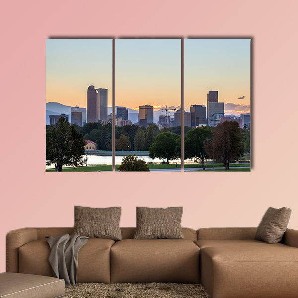 Denver downtown skyline and rocky mountain at sunset multi panel canvas wall art