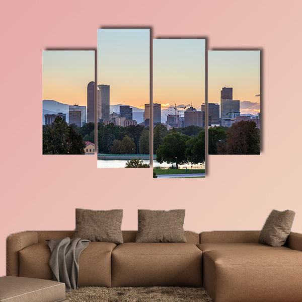 Denver downtown skyline and rocky mountain at sunset multi panel canvas wall art