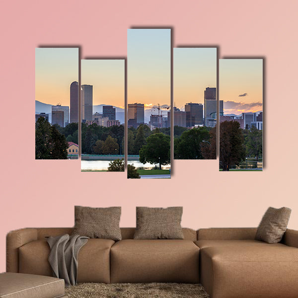 Denver downtown skyline and rocky mountain at sunset multi panel canvas wall art