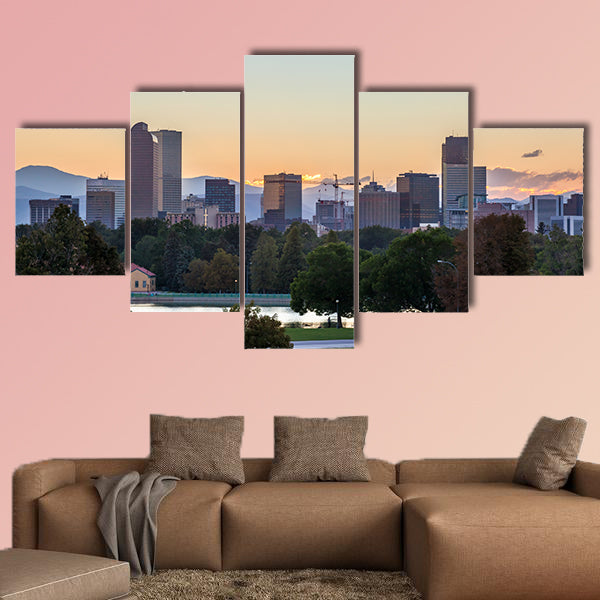 Denver downtown skyline and rocky mountain at sunset multi panel canvas wall art