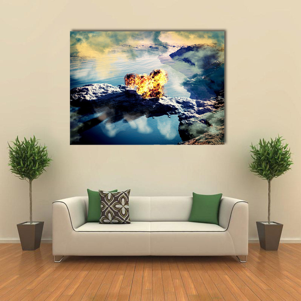 Volcanic eruption on island - inside crater multi panel canvas wall art