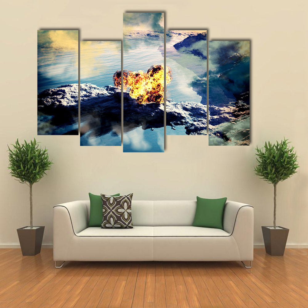 Volcanic eruption on island - inside crater multi panel canvas wall art