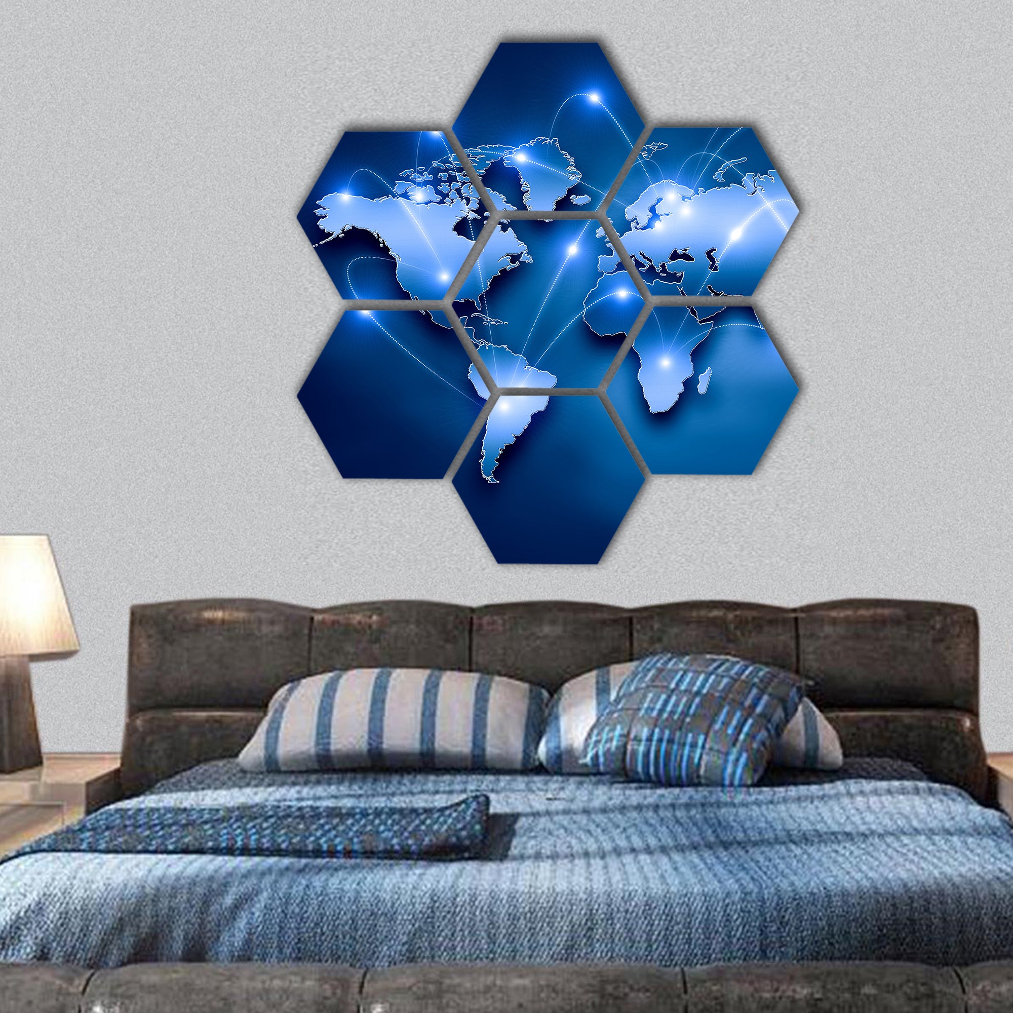 World map with connection lines hexagonal canvas wall art