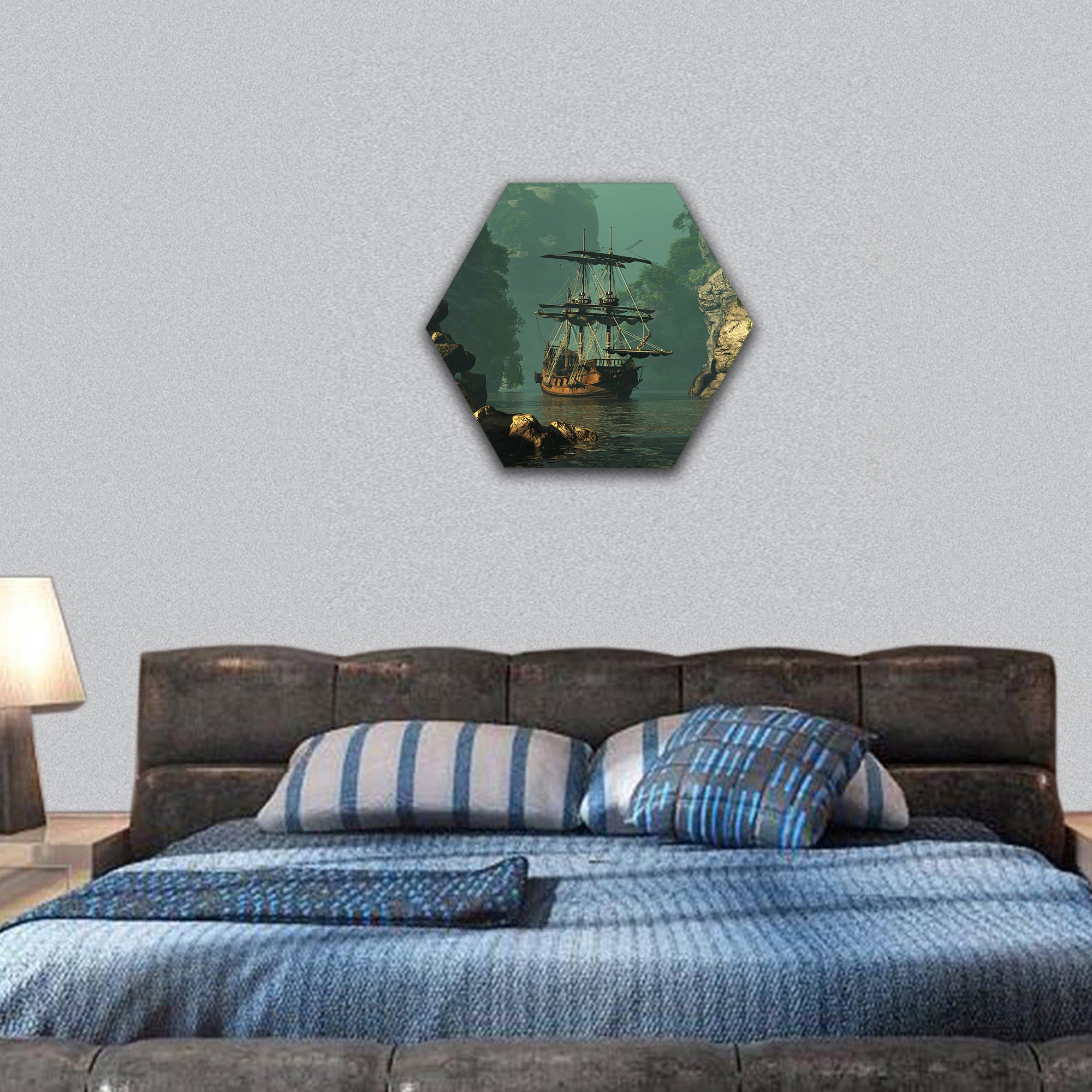 sailing ship of the 16th Century anchored between high rocks hexagonal canvas wall art