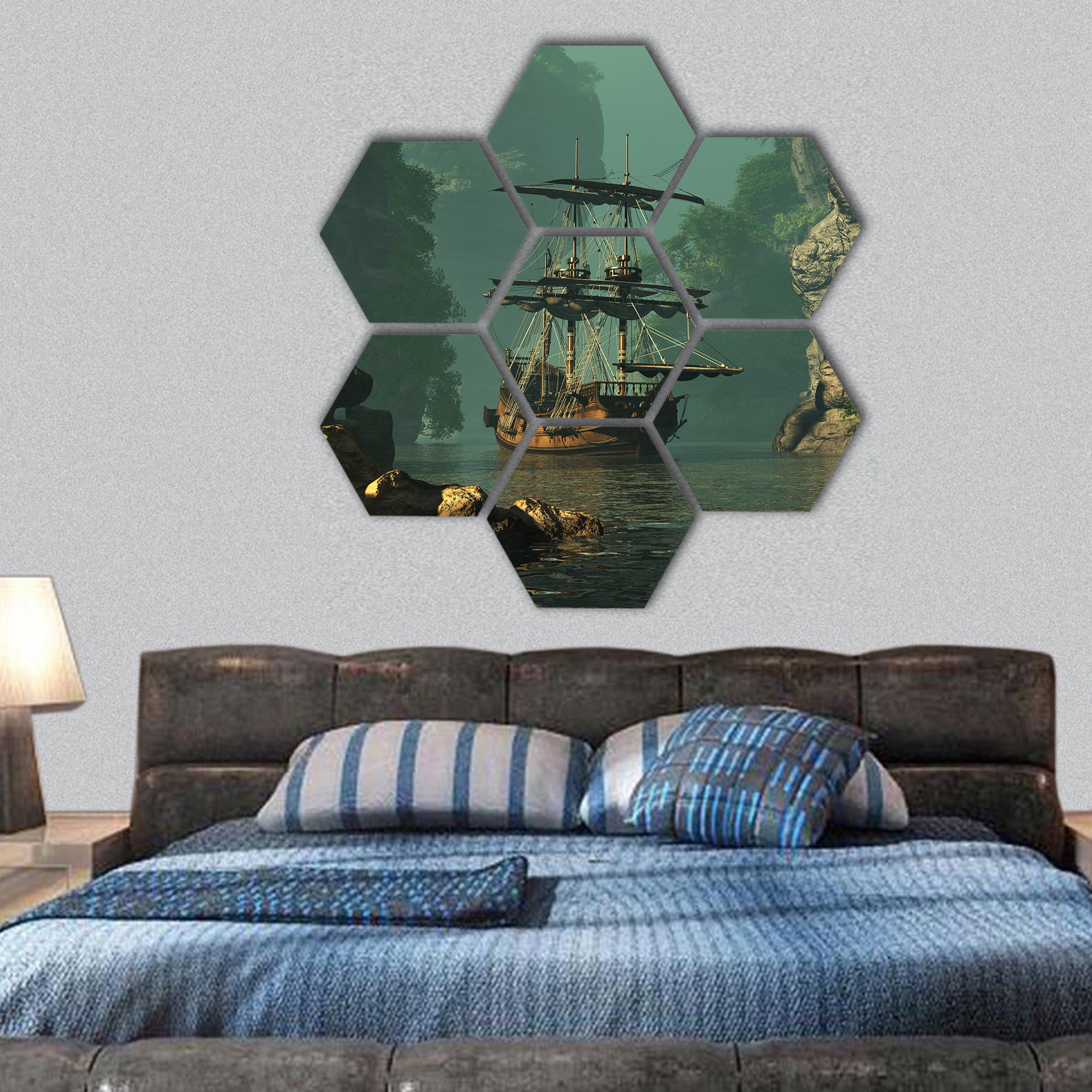 sailing ship of the 16th Century anchored between high rocks hexagonal canvas wall art