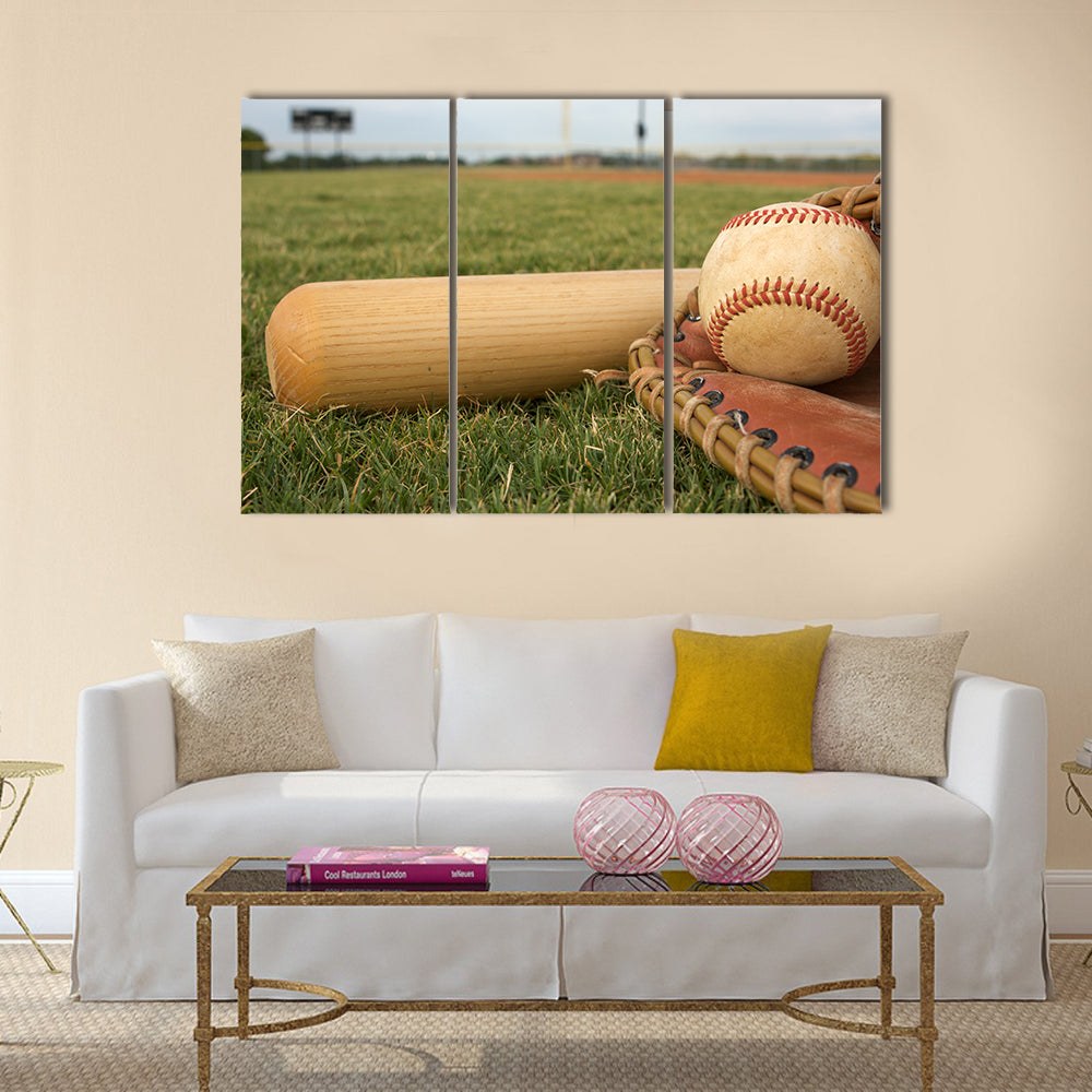 Baseball & Bat on the Field Multi panel canvas wall art