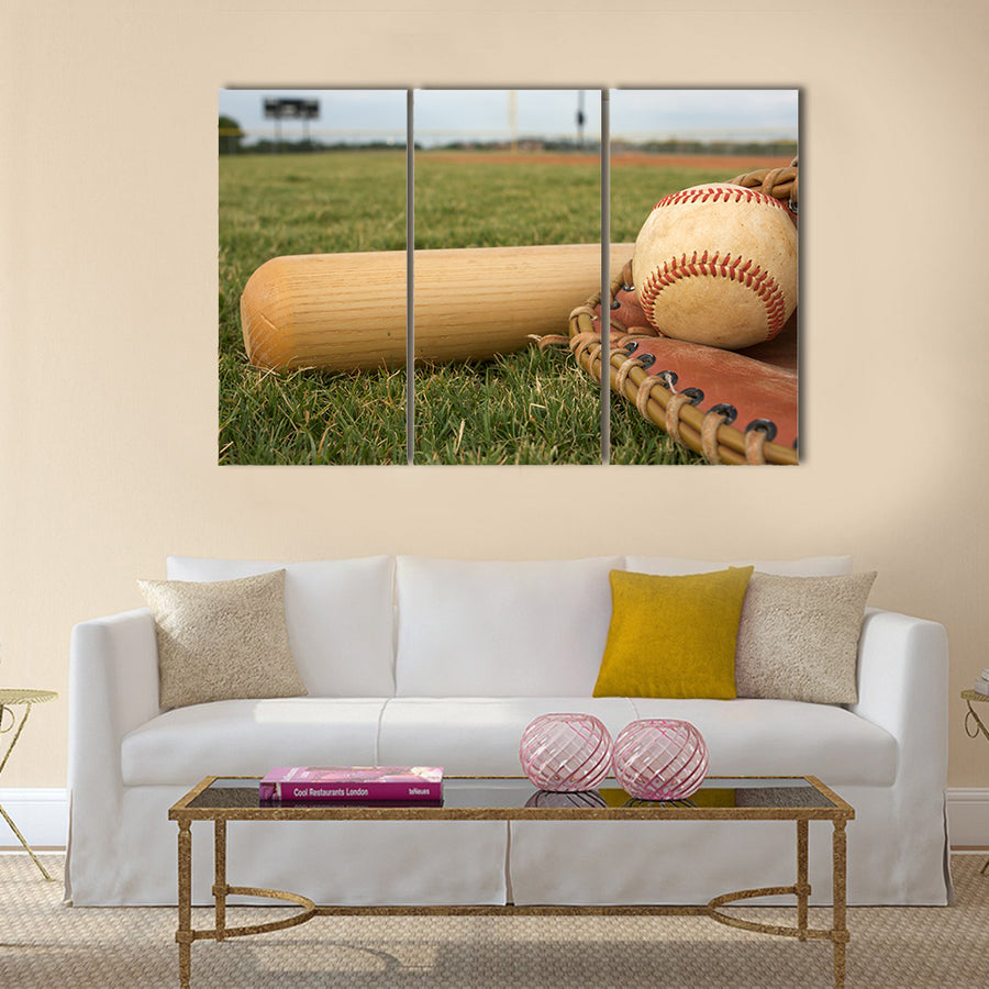 Baseball & Bat on the Field Multi panel canvas wall art