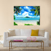 Tropical coast, beach with hang palm trees and sea, the island green and the sky Multi panel canvas wall art