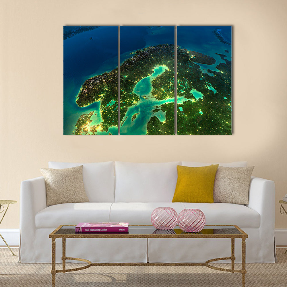 Highly detailed Earth, illuminated by moonlight Sweden multi panel canvas wall art