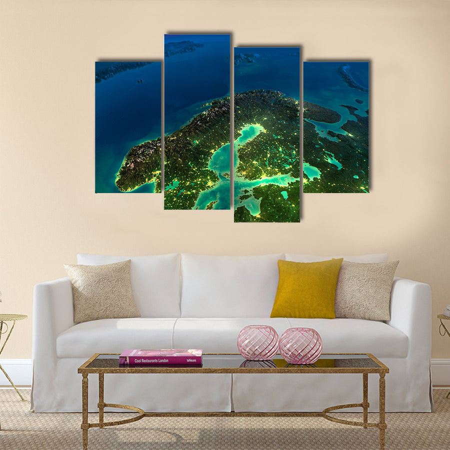 Highly detailed Earth, illuminated by moonlight Sweden multi panel canvas wall art