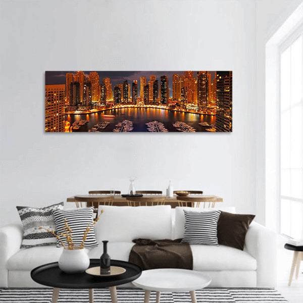 Dubai, UAE Marina at Dusk , numerous skyscrapers of JLT Panoramic Canvas Wall Art