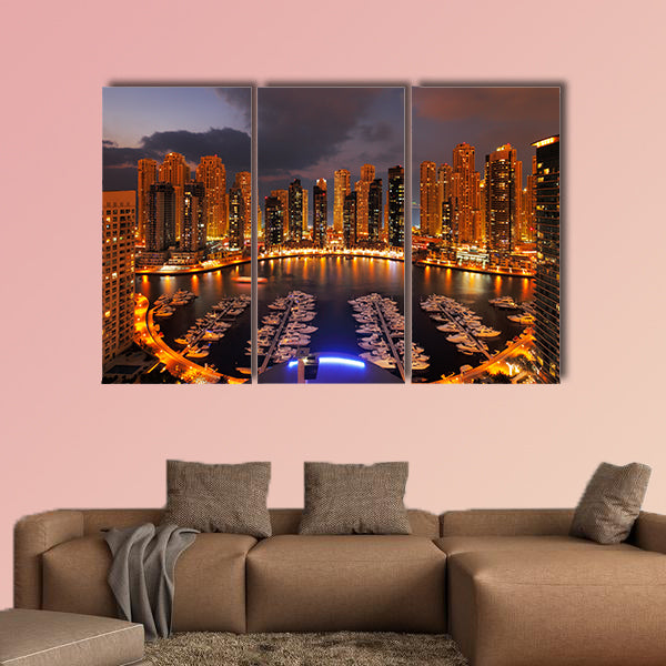 A view of Dubai Marina at Dusk showing numerous skyscrapers wall art