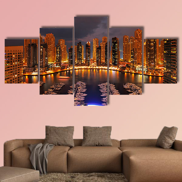 A view of Dubai Marina at Dusk showing numerous skyscrapers wall art