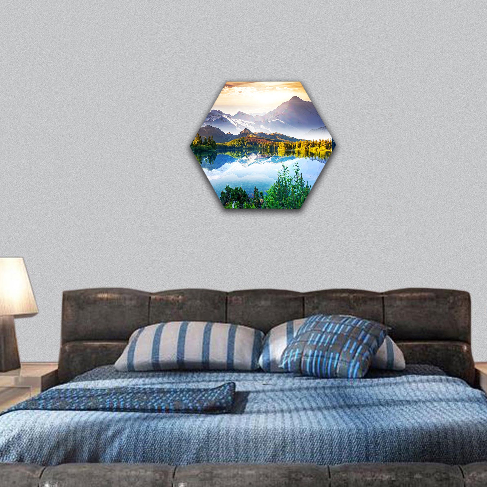 Fantastic sunny day is in mountain lake, Creative collage hexagonal canvas wall art