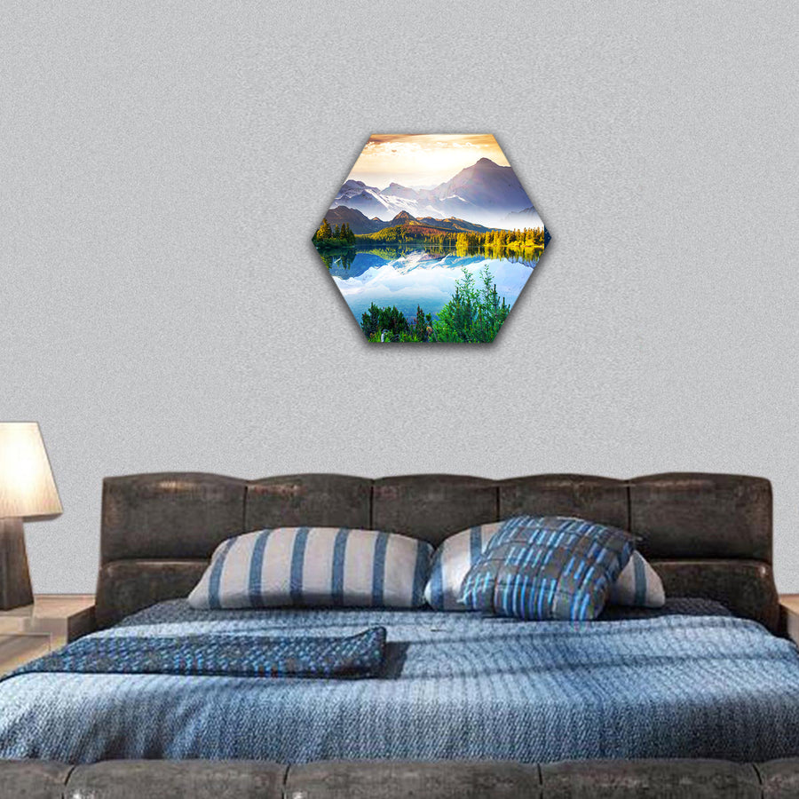 Fantastic sunny day is in mountain lake, Creative collage hexagonal canvas wall art