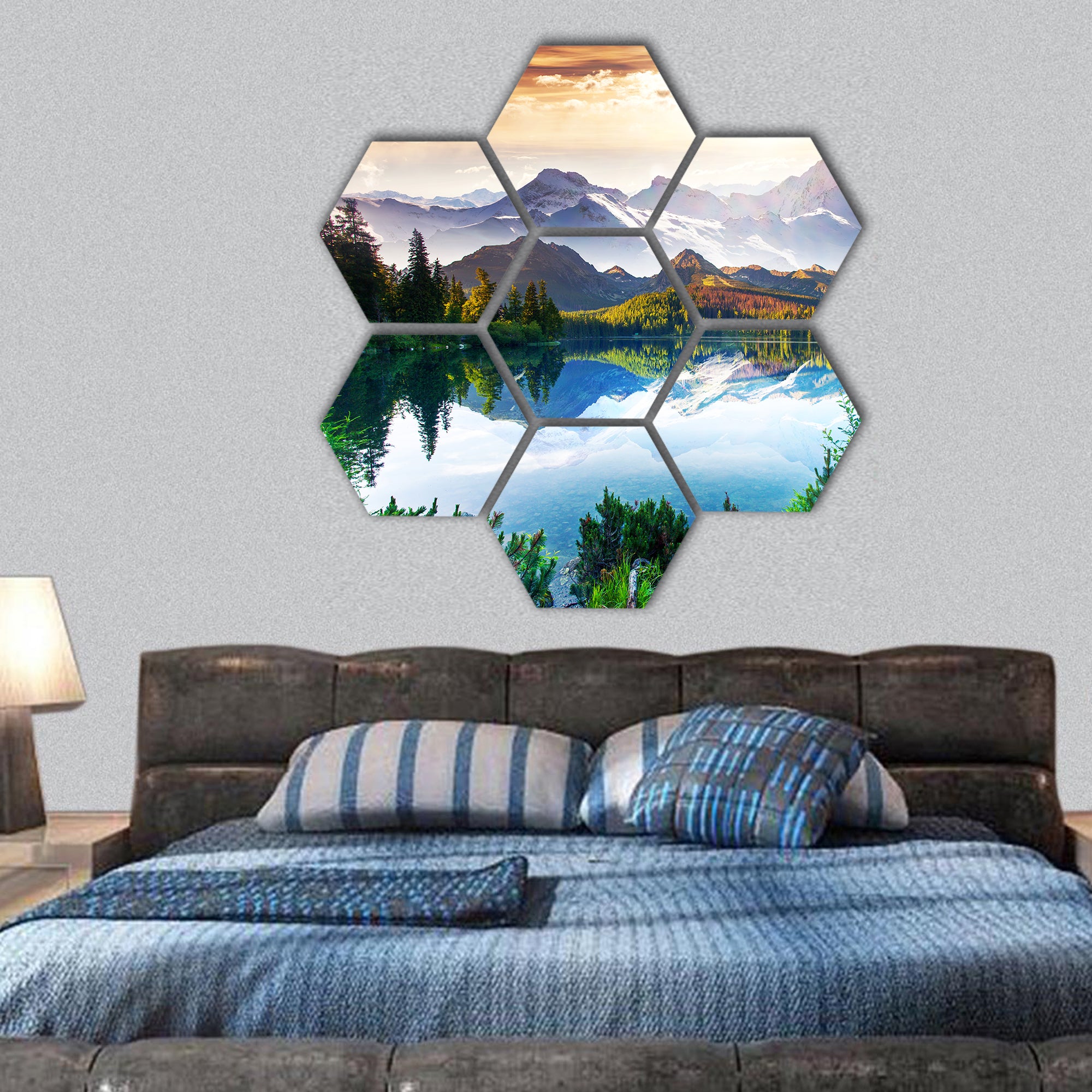 Fantastic sunny day is in mountain lake, Creative collage hexagonal canvas wall art