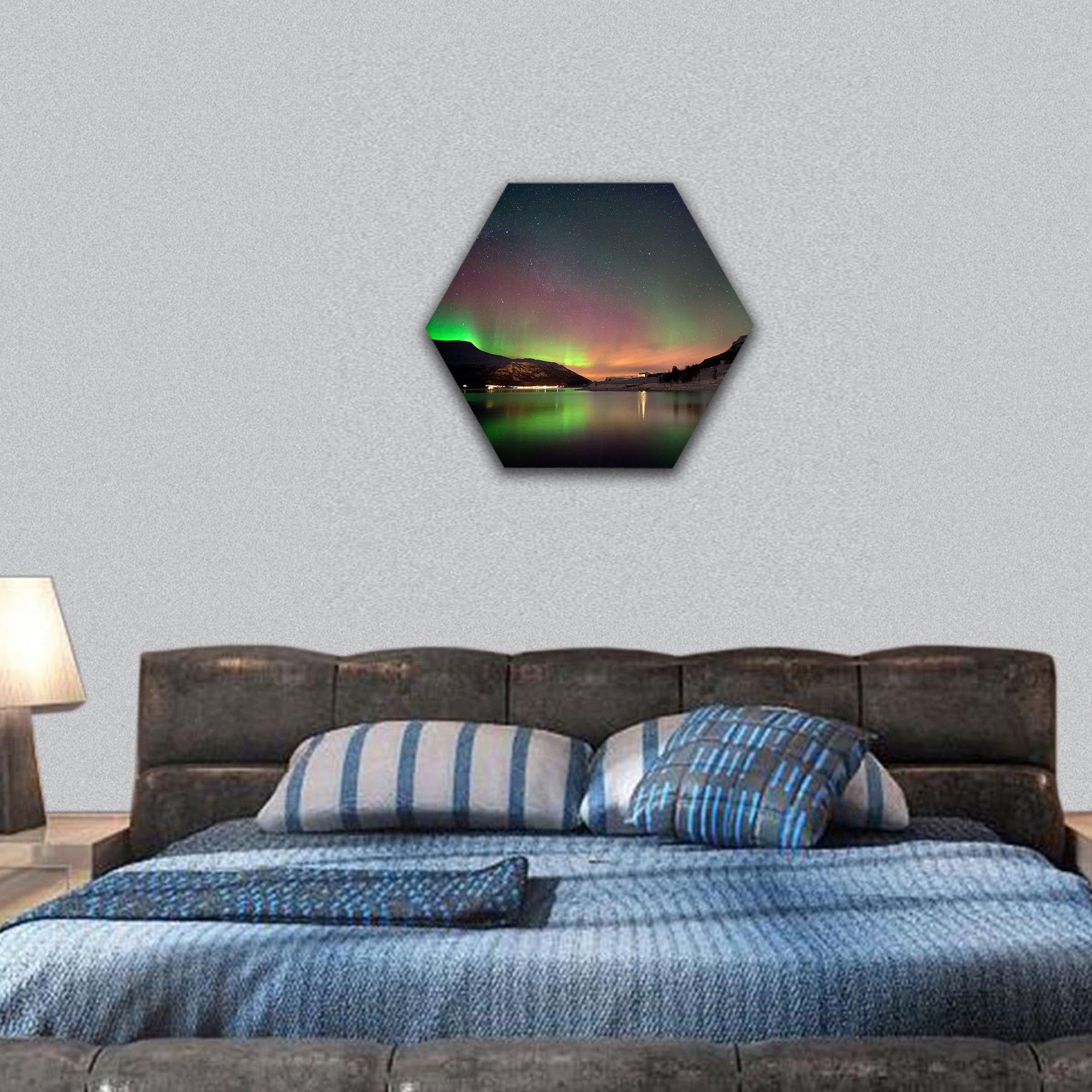 Arctic night aurora borealis on the fjord hexagonal canvas wall art