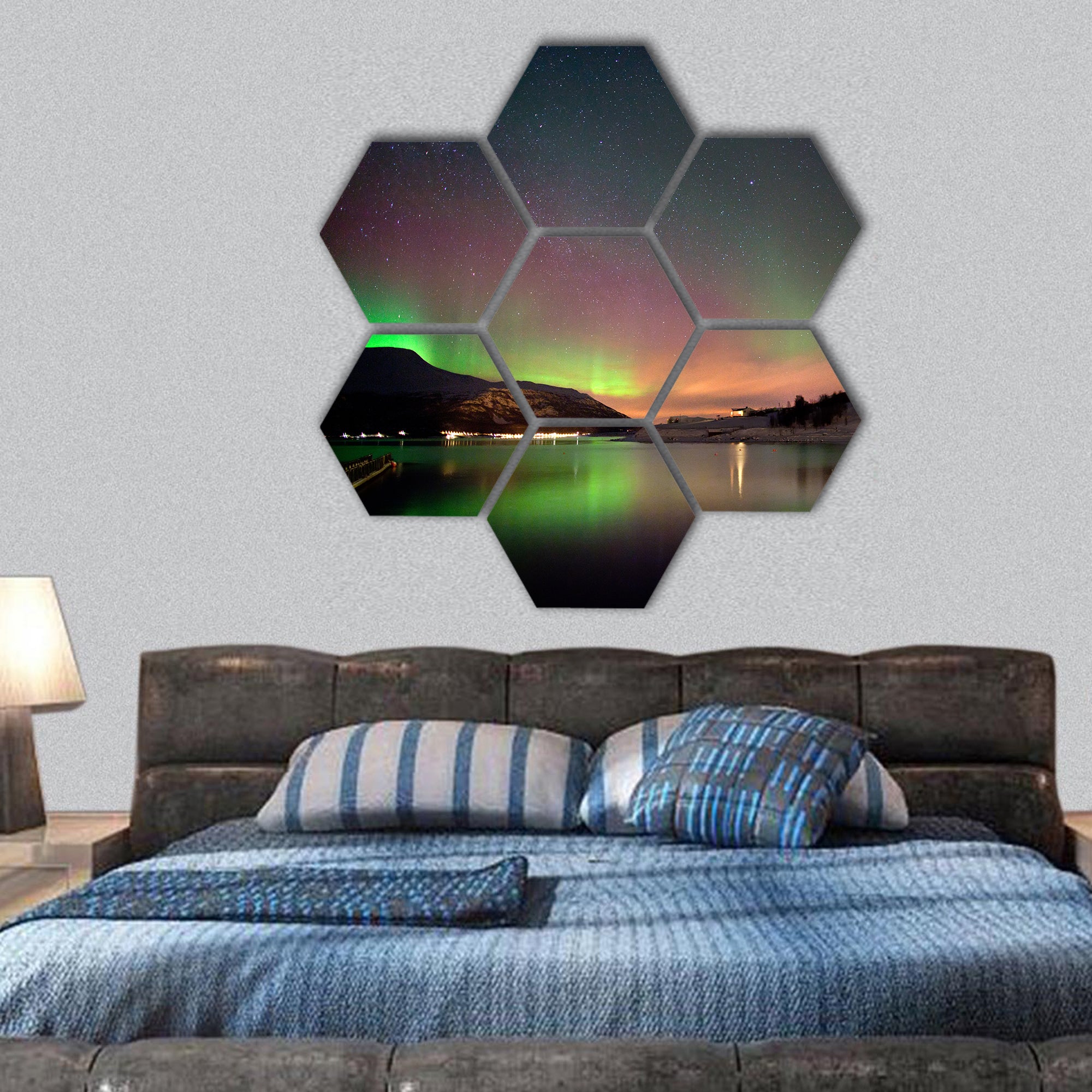 Arctic night aurora borealis on the fjord hexagonal canvas wall art