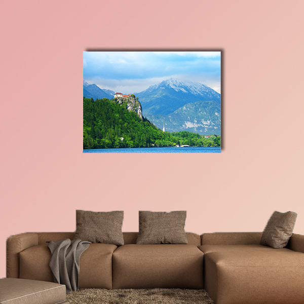 Bled castle cliff with mountains on background, multi panel canvas wall art