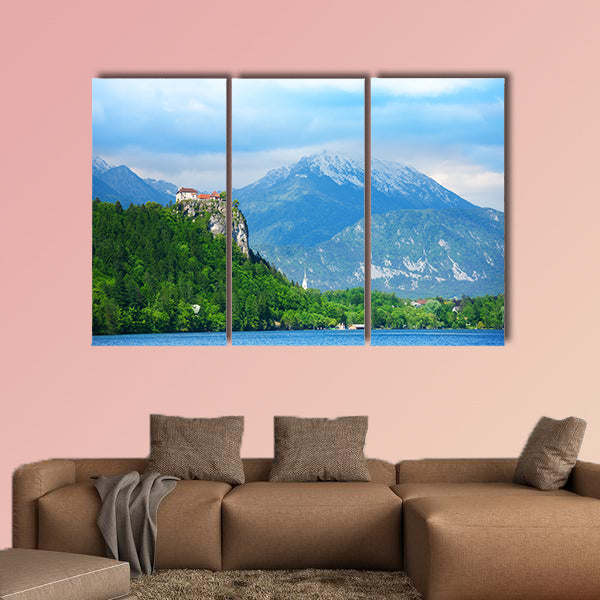 Bled castle cliff with mountains on background, multi panel canvas wall art