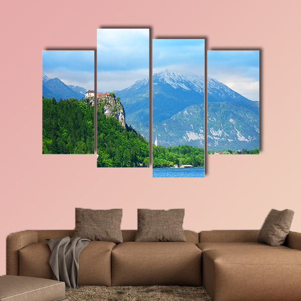 Bled castle cliff with mountains on background, multi panel canvas wall art