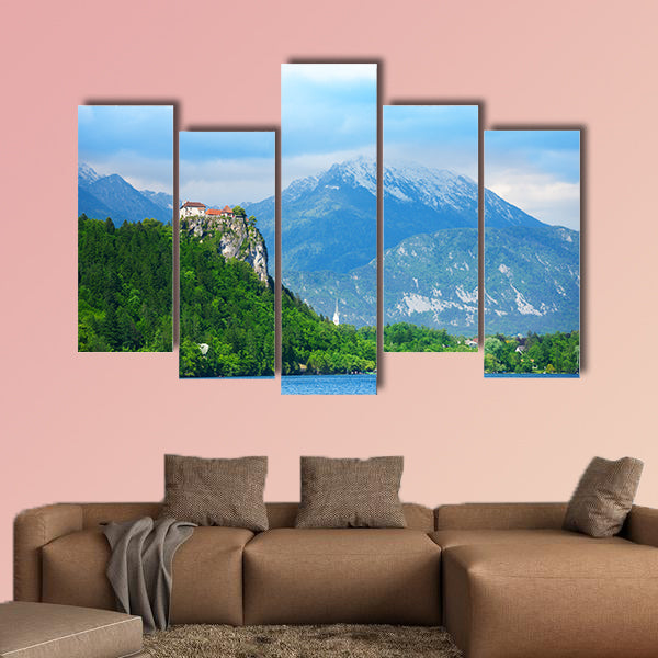 Bled castle cliff with mountains on background, multi panel canvas wall art