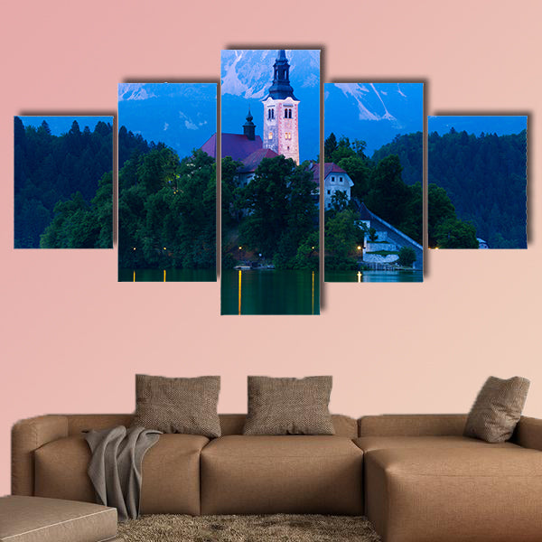 A close shoot of the church on the small island in the middle of the multi panel canvas wall art