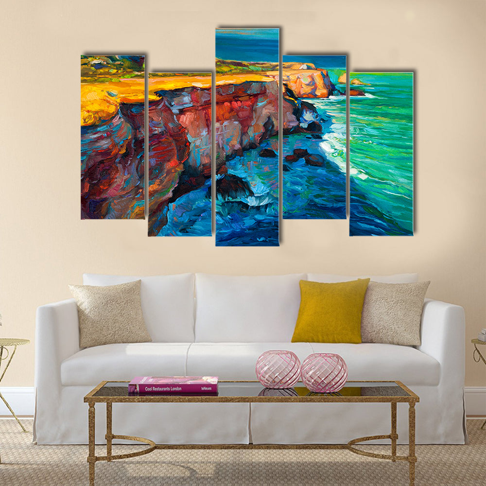 Original abstract oil painting of cliffs and ocean Multi Panel Canvas Wall Art