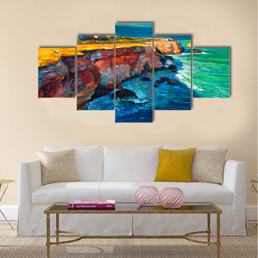 Original abstract oil painting of cliffs and ocean Multi Panel Canvas Wall Art