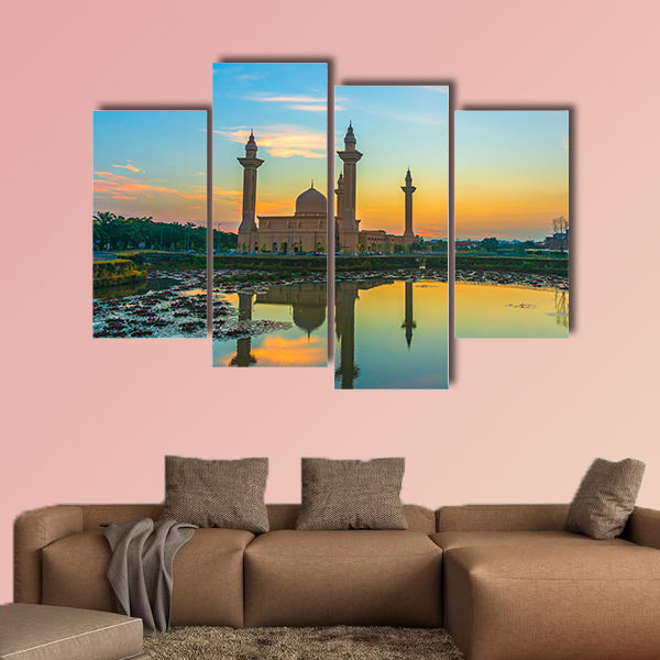 Mosque and sunrise reflection on Lake Multi panel canvas wall art
