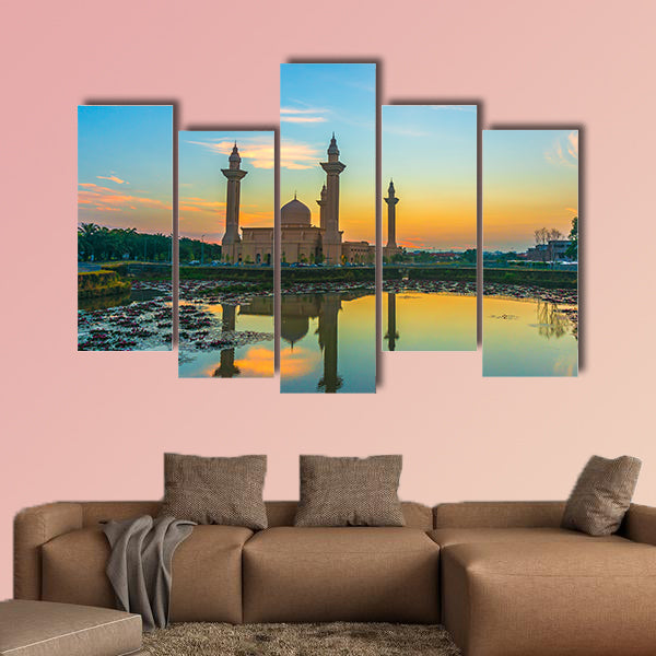 Mosque and sunrise reflection on Lake Multi panel canvas wall art