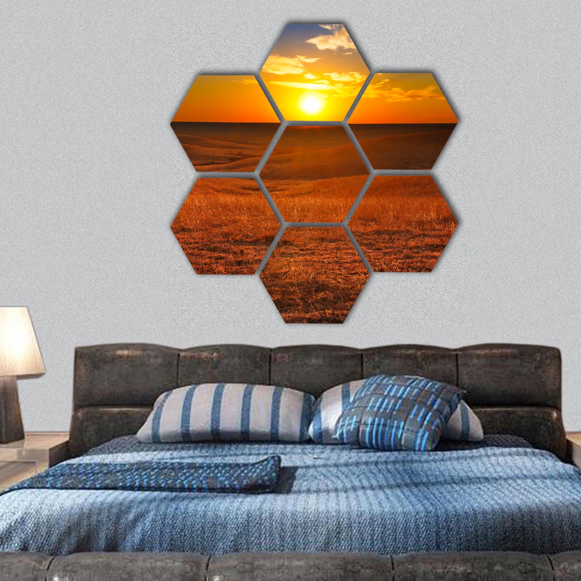 Sunset overlooking the Flint Hills of Kansas hexagonal canvas wall art