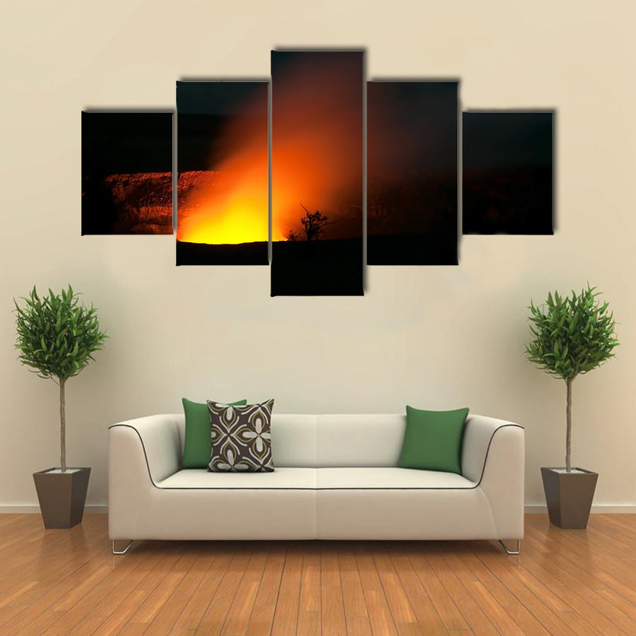 Smoking Crater of Halemaumau Kilauea Volcano in Hawaii Volcanoes National Park on Big Island at night multi panel canvas wall art