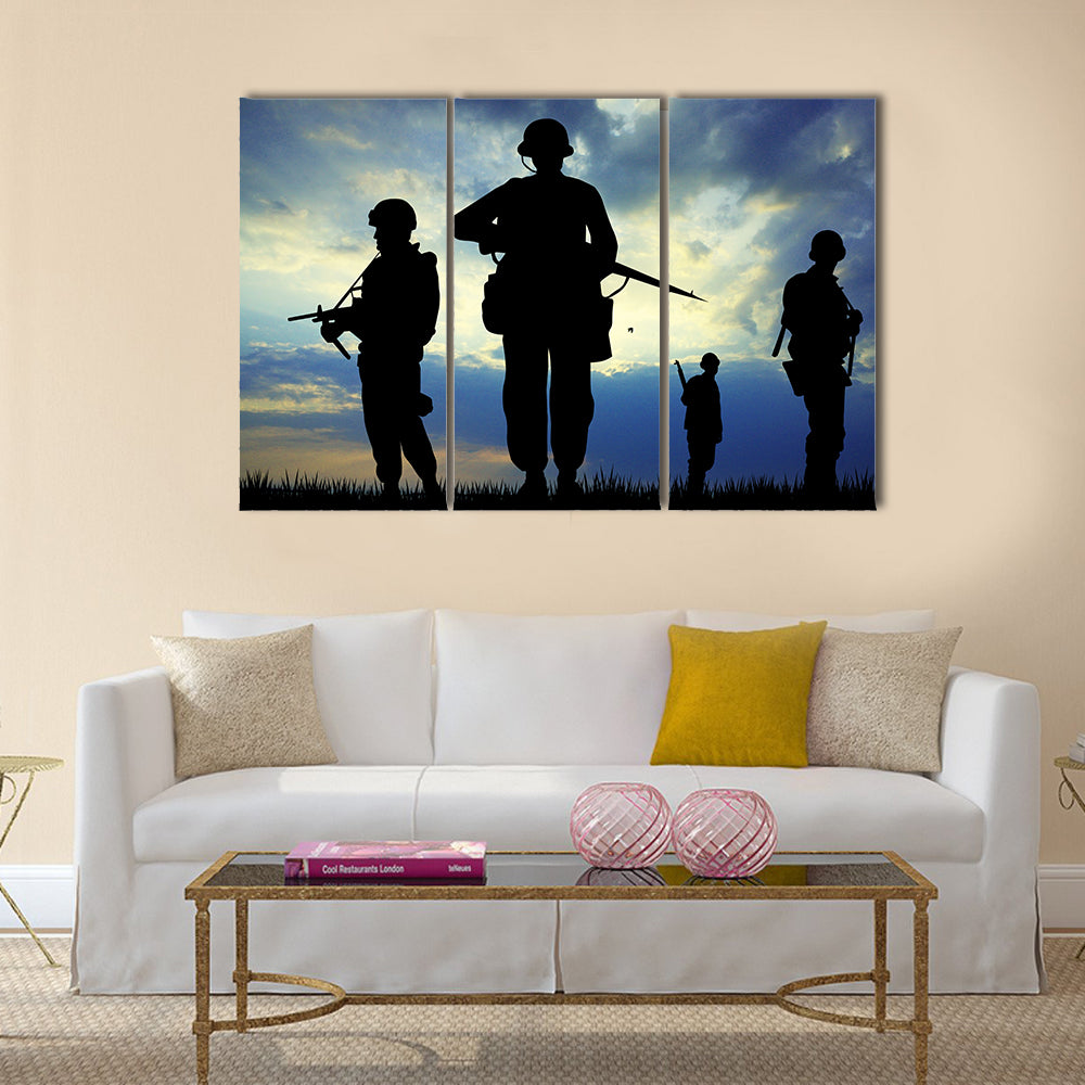 Soldiers Silhouette On A Sunset With Rifles, Targeting Enemy, Multi Panel Canvas Wall Art