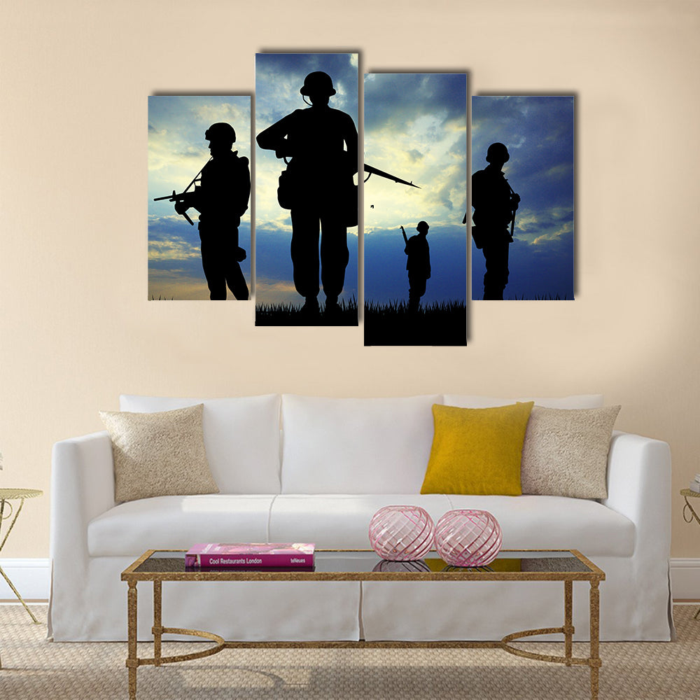 Soldiers Silhouette On A Sunset With Rifles, Targeting Enemy, Multi Panel Canvas Wall Art
